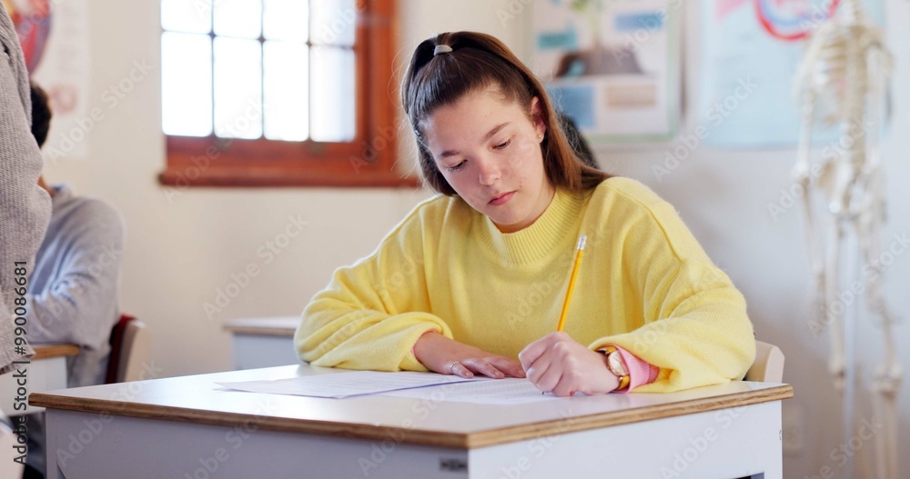 Poster writing, education and student in classroom for learning chemistry with notes for exam, test or proj