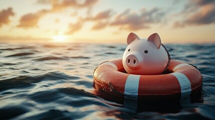Piggy bank floating on a red and white lifebuoy, representing the importance of protecting savings