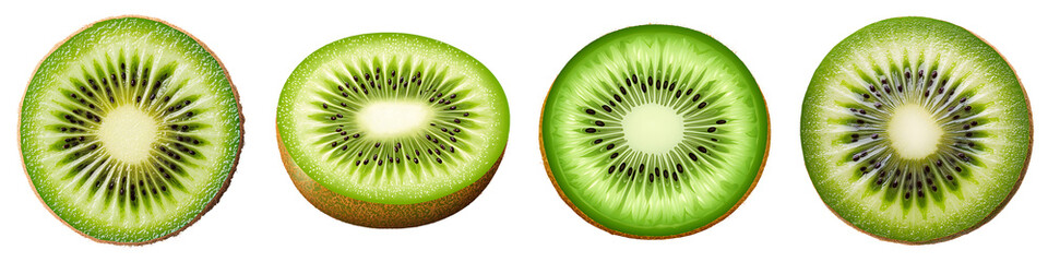 Four cross-sections of kiwi fruit display vibrant green flesh and unique seed patterns against a black background.