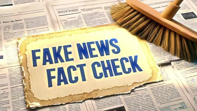 A broom sweeps away fake news and misinformation.  A sign reading "Fake News Fact Check" is placed on a pile of newspapers.