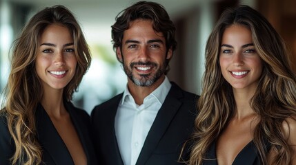 Three stylish individuals posing together in formal attire, creating a vibrant atmosphere in a modern indoor setting