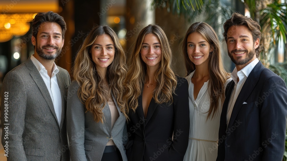 Poster group of five individuals smiling together in a stylish indoor setting during a networking event