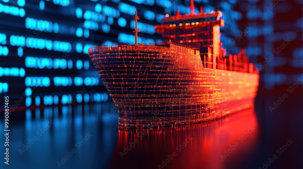 Poster digital ship model against abstract data background