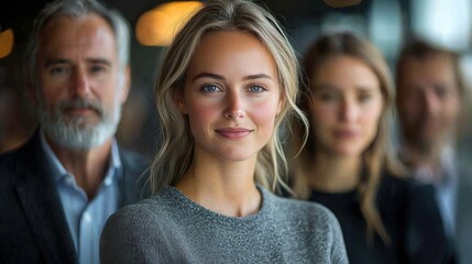 Obraz premium A confident young woman stands in focus with colleagues in the blurred background at a modern office during the day