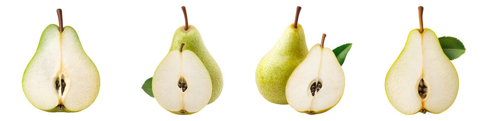 Four pears displayed, showcasing different angles and cut views, highlighting their texture and color against a black background.