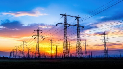 Power grid silhouetted at sunset, symbolizing the importance of protecting electricity distribution