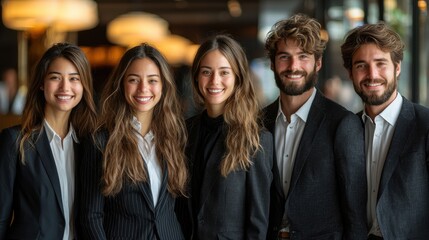 Five young professionals in formal attire smiling together at a modern venue during a corporate event in the evening