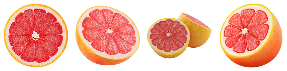 A colorful display of grapefruit slices, showcasing their vibrant pink flesh and yellow rind against a black background.