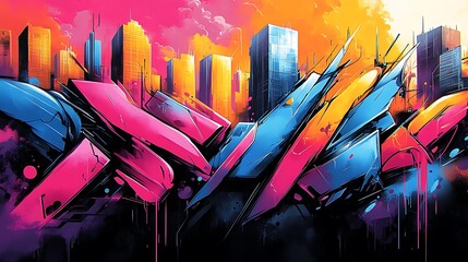 A fusion of technology and graffiti, abstract futuristic shapes and bold graffiti lines clashing in a digital cityscape, bright neon tones, glitch effects, jagged edges,