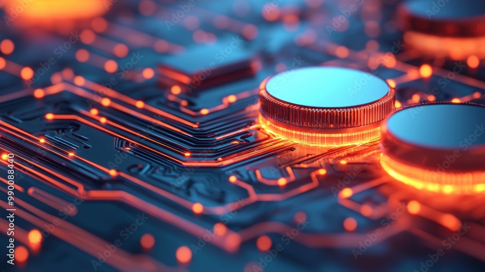 Poster abstract circuit board with glowing patterns and coins