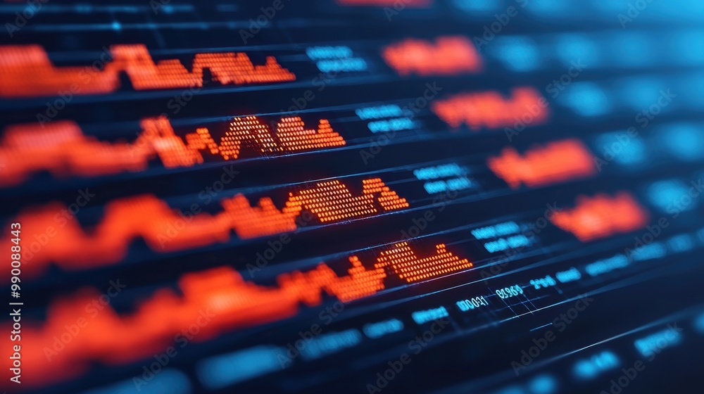Poster digital stock market data with red graphs and trends