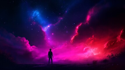 Fototapeta premium A solitary figure stands silhouetted against a breathtaking backdrop of vibrant nebulae, symbolizing introspection, the vastness of space, the search for meaning, the beauty of nature, and human curio