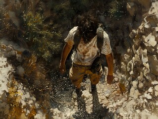 Man Hiking Through a Rugged Mountain Landscape