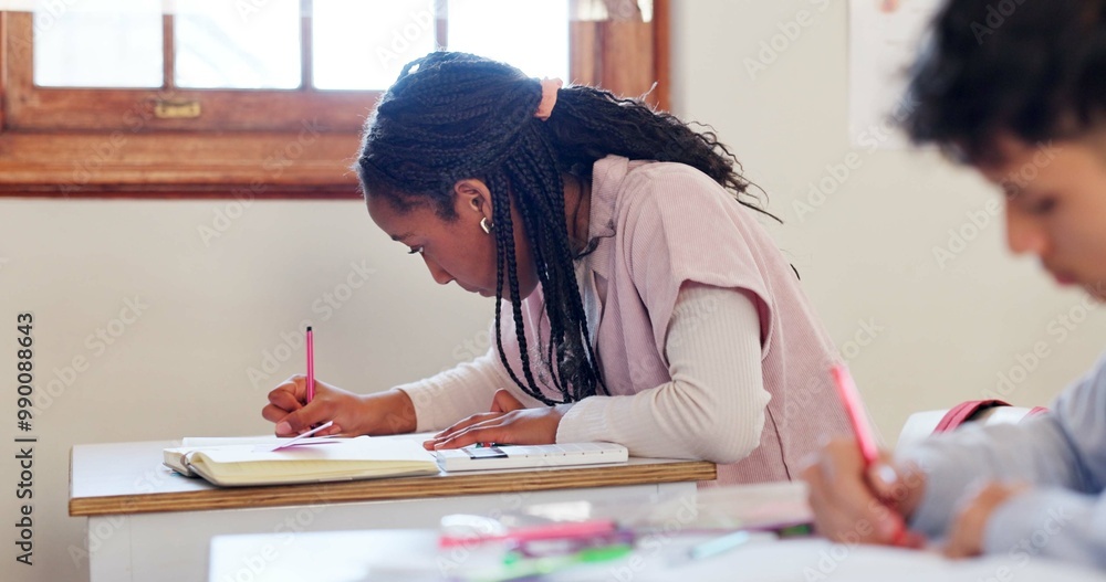 Poster Writing, book and student in classroom for learning chemistry with notes for exam, test or project. Education, future and girl teenager in lesson for science at school academy with scholarship.