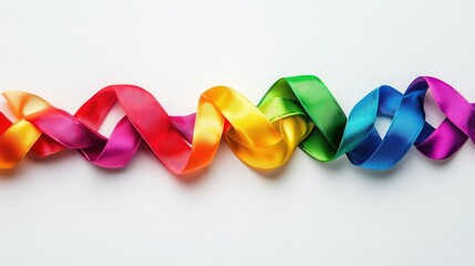 Rainbow-colored ribbons woven into a flag shape, symbolizing LGBTQ pride and diversity, on a bright white background.