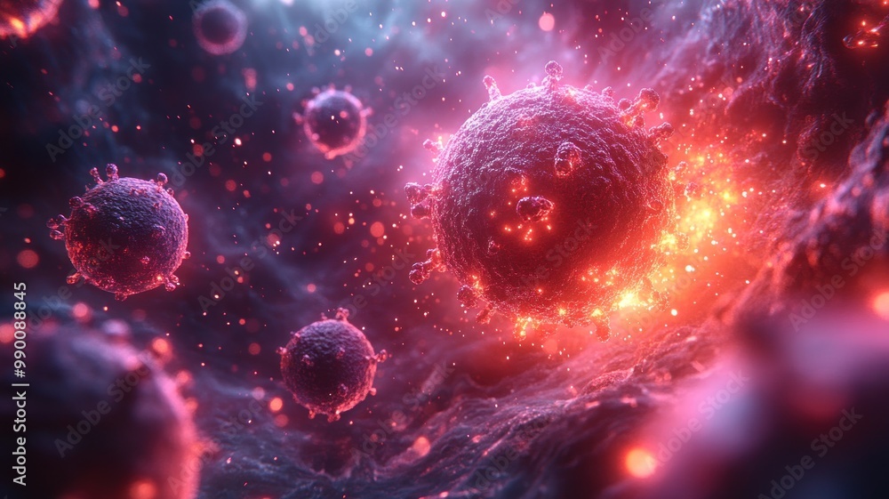 Poster abstract representation of viral particles in a microscopic view.