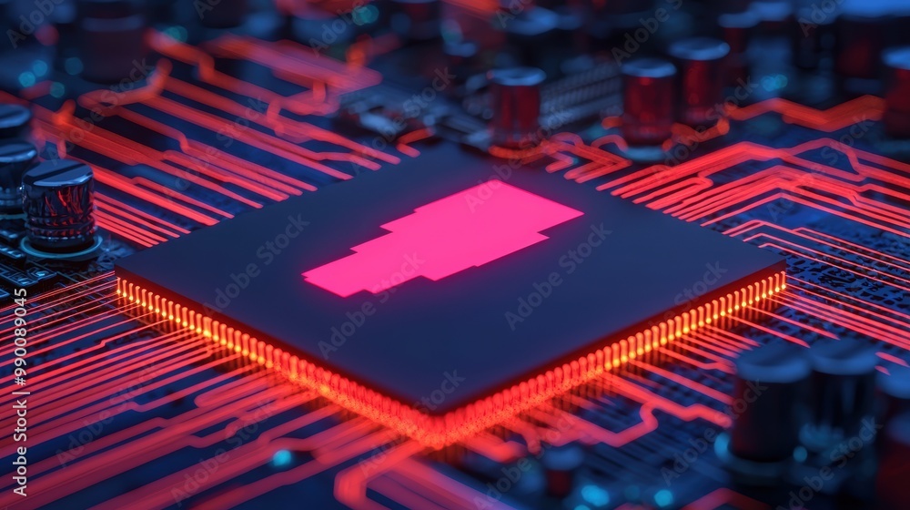 Poster glowing microchip on circuit board with red lights