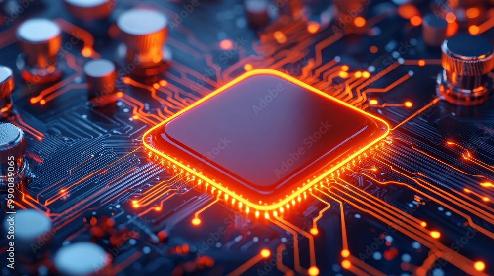 Poster futuristic microprocessor with glowing circuit board