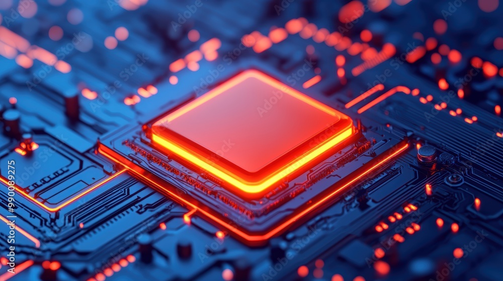 Poster vibrant close-up of a circuit board with microchip