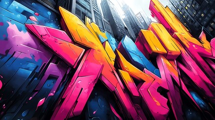 A neon jungle of glowing shapes and sharp graffiti lines, vibrant neon hues contrasting with the dark urban environment, chaotic yet controlled city energy, jagged edges and bold shapes,