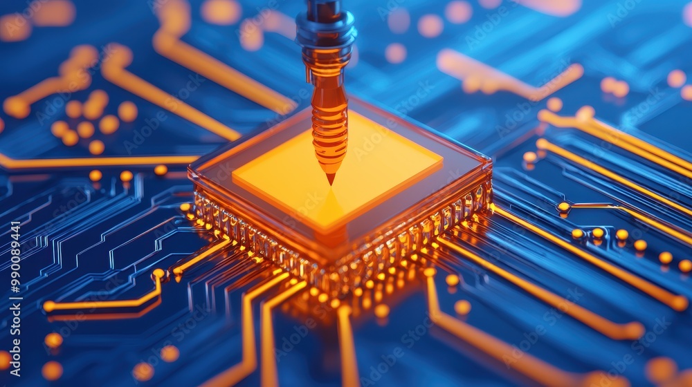 Poster microchip close-up with digital connections and circuits