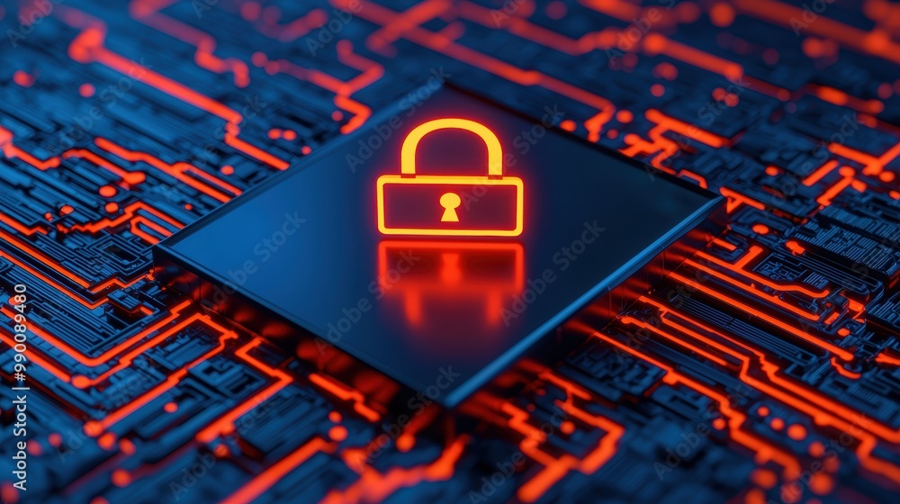 Poster digital security concept with lock symbol on circuit board