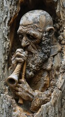 Detailed Carving of an Old Man Playing a Flute in a Tree Trunk