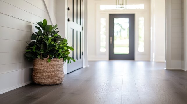 A spacious and inviting modern farmhouse foyer with gray LVP flooring, a plant in a woven basket, white shiplap walls, and a black front door.