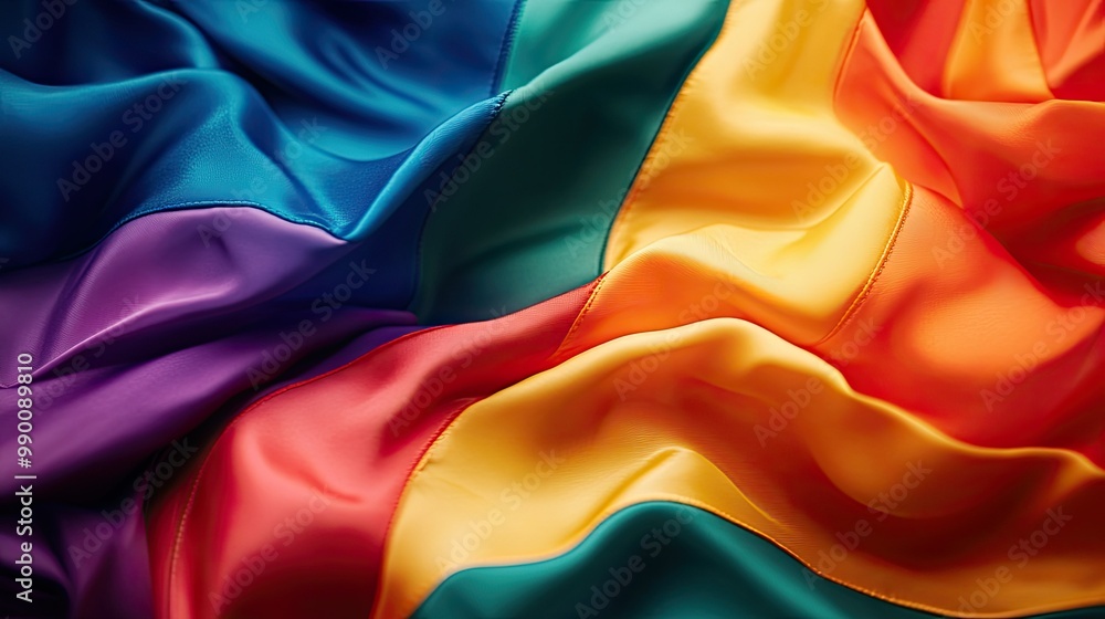 Poster ribbons of vibrant rainbow colors flow together into a flag, creating a visual representation of lgb
