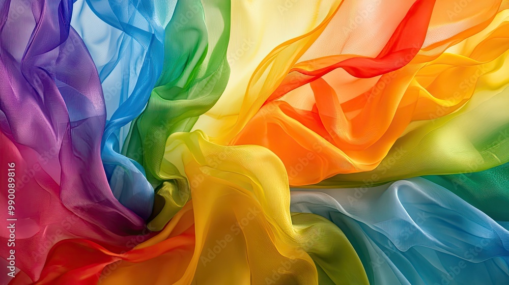 Poster ribbons of vibrant rainbow colors flow together into a flag, creating a visual representation of lgb