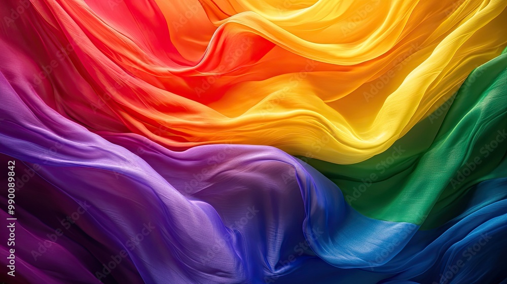 Poster ribbons of vibrant rainbow colors flow together into a flag, creating a visual representation of lgb