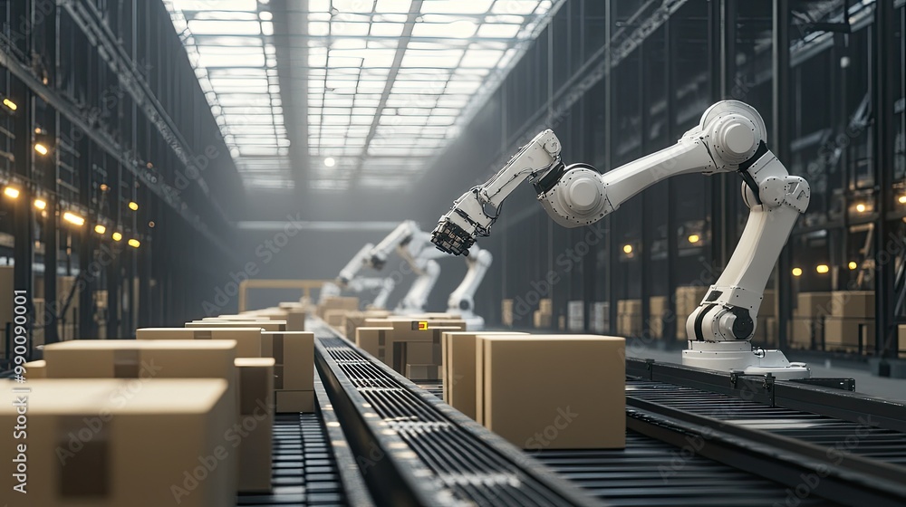 Poster robotic arms sorting packages onto conveyor belts in a fully automated warehouse system.