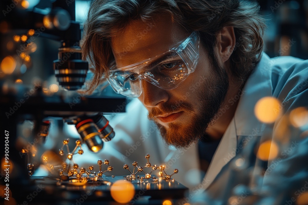Poster scientist using a microscope