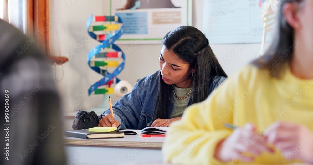 Poster Writing, study and student in classroom for learning chemistry with notes for exam, test or project. Education, teenager and girl in lesson with books for science at school academy with scholarship.