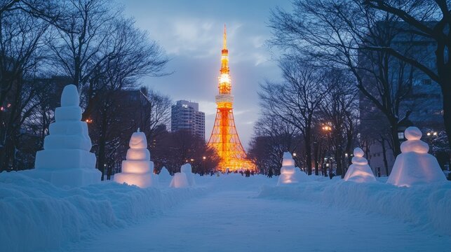 Sapporo TV Tower glowing above the snow sculptures at Odori Park during the Sapporo Snow Festival.