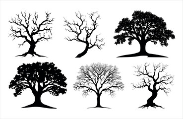 High quality oak tree silhouette vector isolated on white. nature. black color tree icon, copy space. nature environment concept