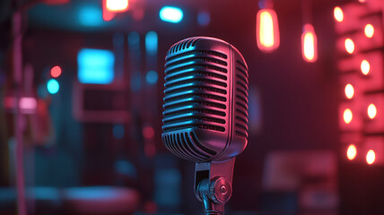 Close-up of a microphone on a vibrant purple and pink background at a live show