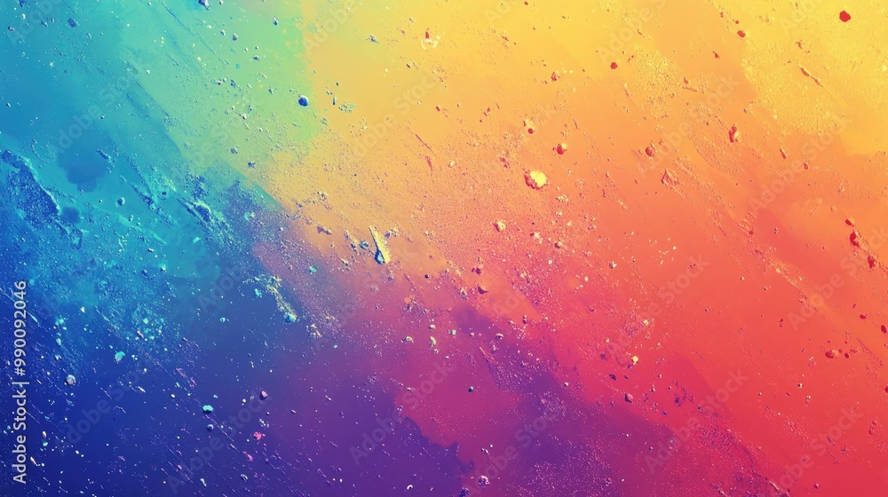 Poster smooth rainbow gradient background with energetic paint splatters in a striking abstract style.