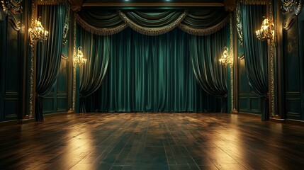A classic theater stage with polished wood flooring and subtle golden lighting, The curtains are deep green with elegant gold accents
