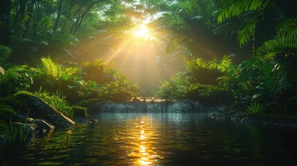 Fototapeta premium Sunlight Through Rainforest Canopy Over Stream