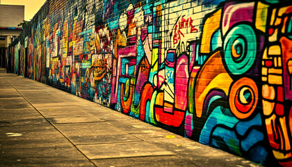Naklejka premium A graffiti-covered urban wall, showcasing vibrant colors, bold lines, and an edgy, artistic vibe