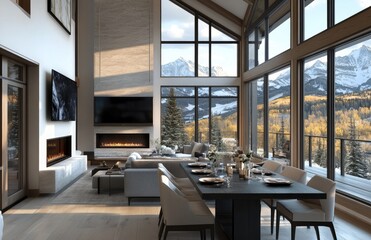 An architectural interior design photo of a modern, luxury home in the mountains with large windows, a cozy fireplace, and a dining table with chairs. Created with Ai