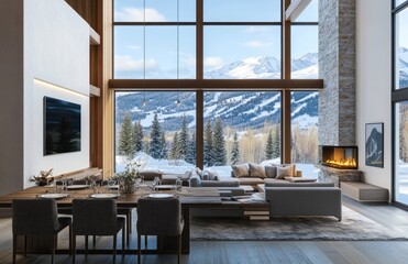 Modern interior of a living room with a fireplace and dining table, large windows showing a snowy mountain landscape outside in a ski resort during the winter. Created with Ai