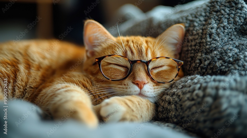 Sticker A sleeping orange cat wearing glasses rests peacefully on a cozy blanket in a serene indoor setting during daylight hours