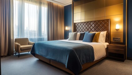 The hotel room is spacious and bright, with dark blue walls, white curtains on the windows, gray carpet underfoot, a large double bed in front. Created with Ai
