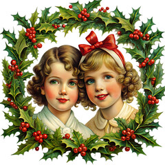 Two children that are sitting in a wreath