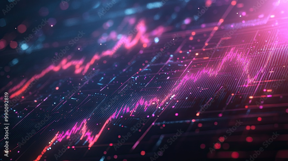 Poster stock market data with glowing lines and graphs depicting price fluctuations in a modern digital des