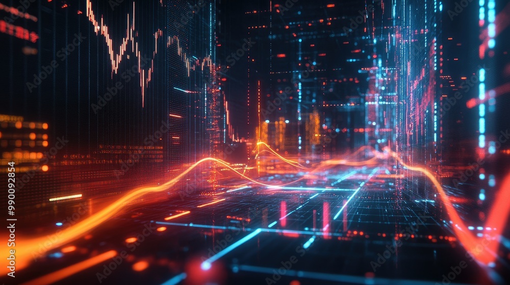 Poster stock market data with glowing lines and graphs depicting price fluctuations in a modern digital des