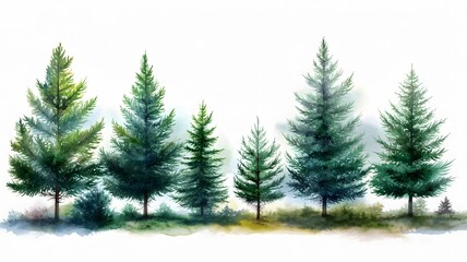 Green Pine Fir Trees, Isolated on White Background