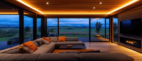 Inside an elegant and cozy house in New Zealand, the wooden floor leads to a modern sofa with pillows. Large windows overlook the landscape, opening up to a spacious outdoor deck. Created with Ai